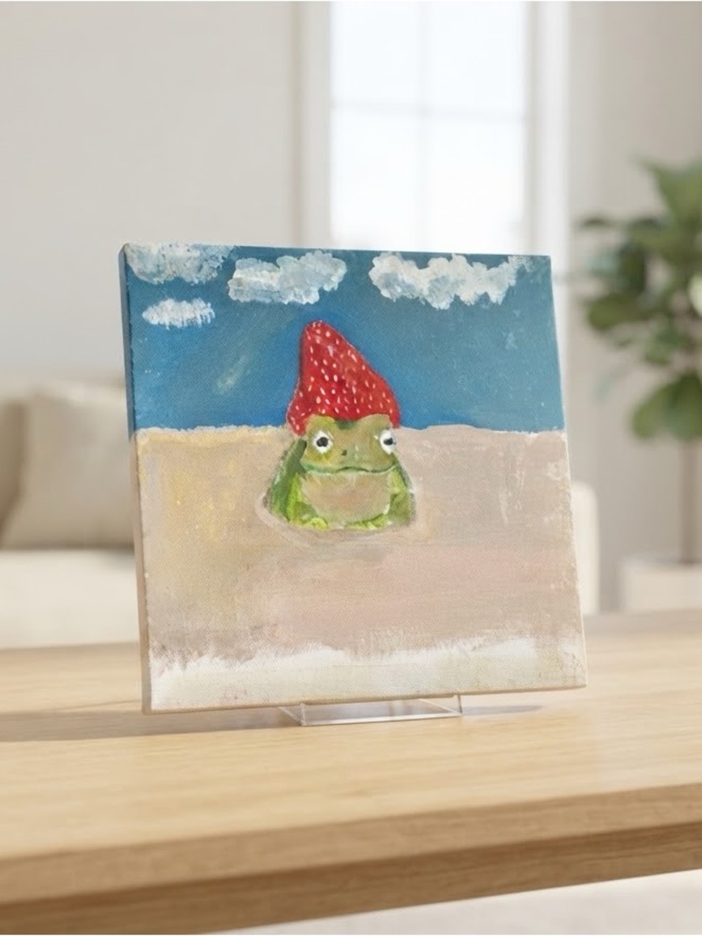Frog in a Strawberry Hat Art on a 8x8 Canvas- Unframed